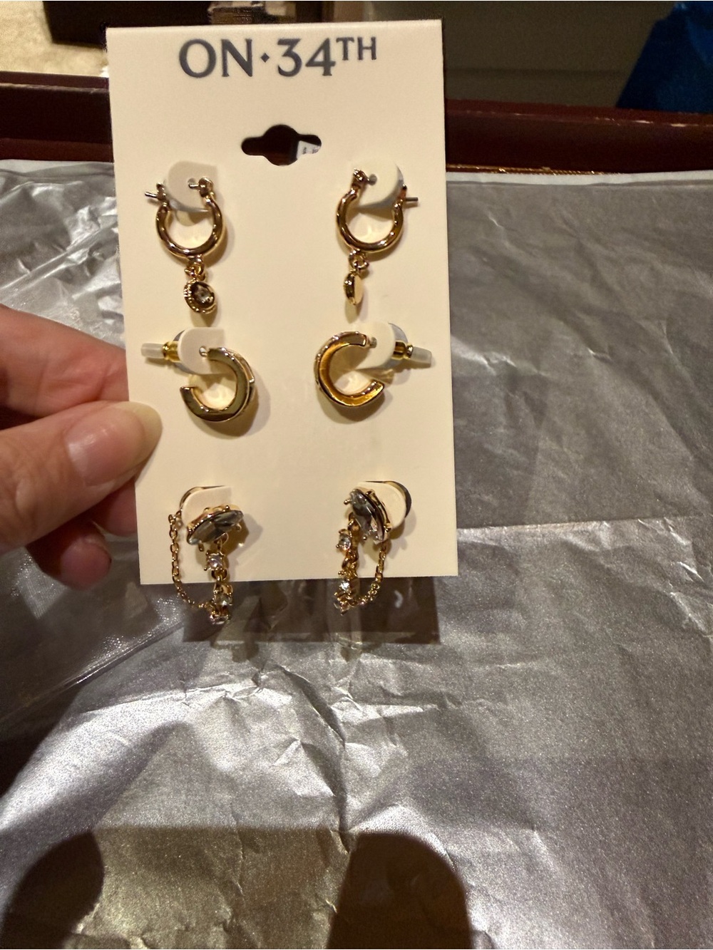 NWT ON·34TH Gold-Tone 3-Pair Earring Set – Mini Hoops & Dangle Chains